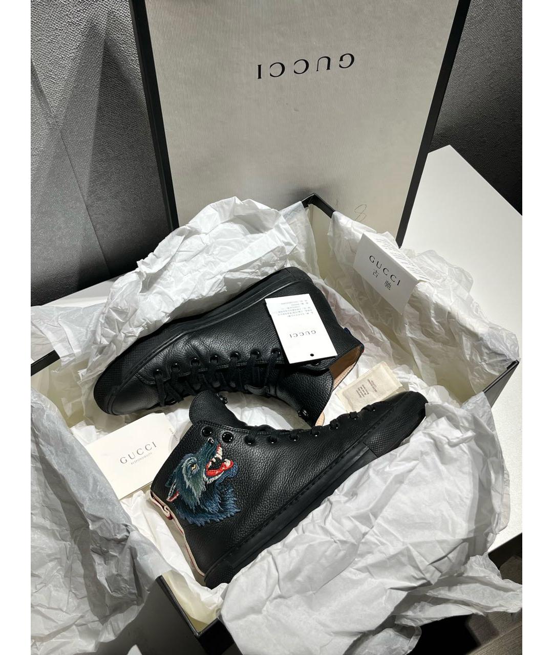 GUCCI Черные кожаные высокие кроссовки / кеды, фото 2