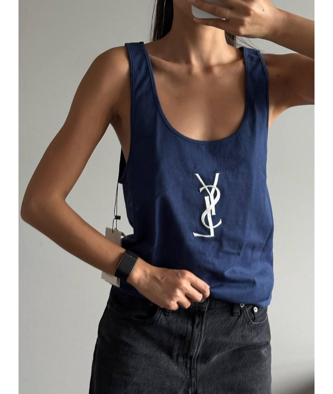 SAINT LAURENT Темно-синяя хлопковая майка, фото 4
