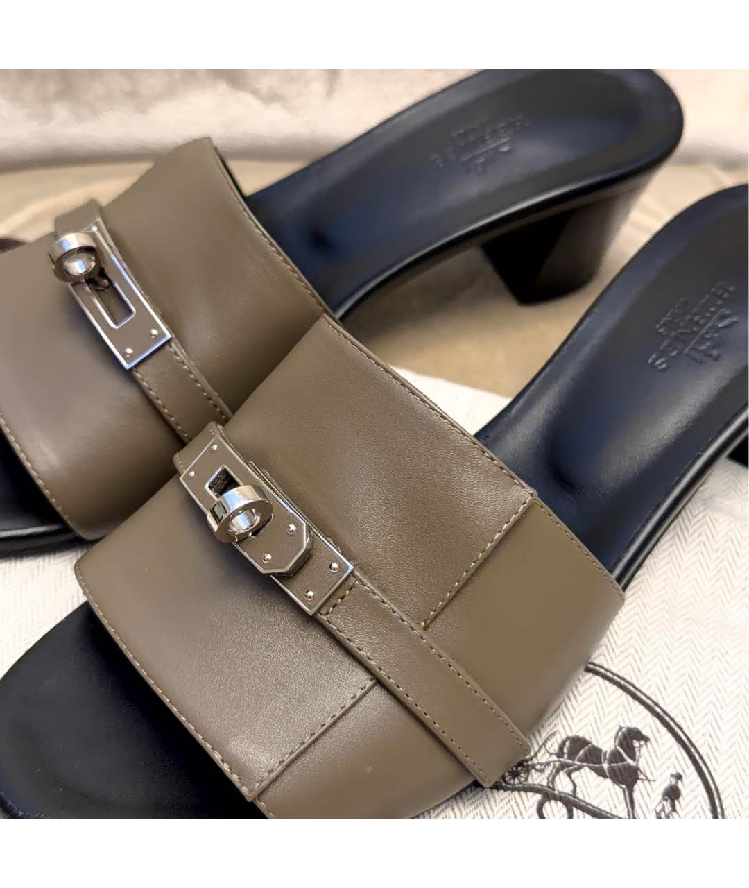 HERMES Хаки кожаные сабо, фото 7