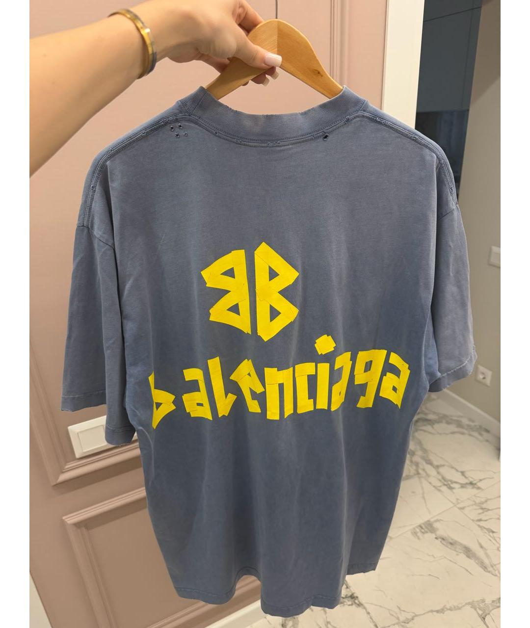 BALENCIAGA Голубая хлопковая футболка, фото 2