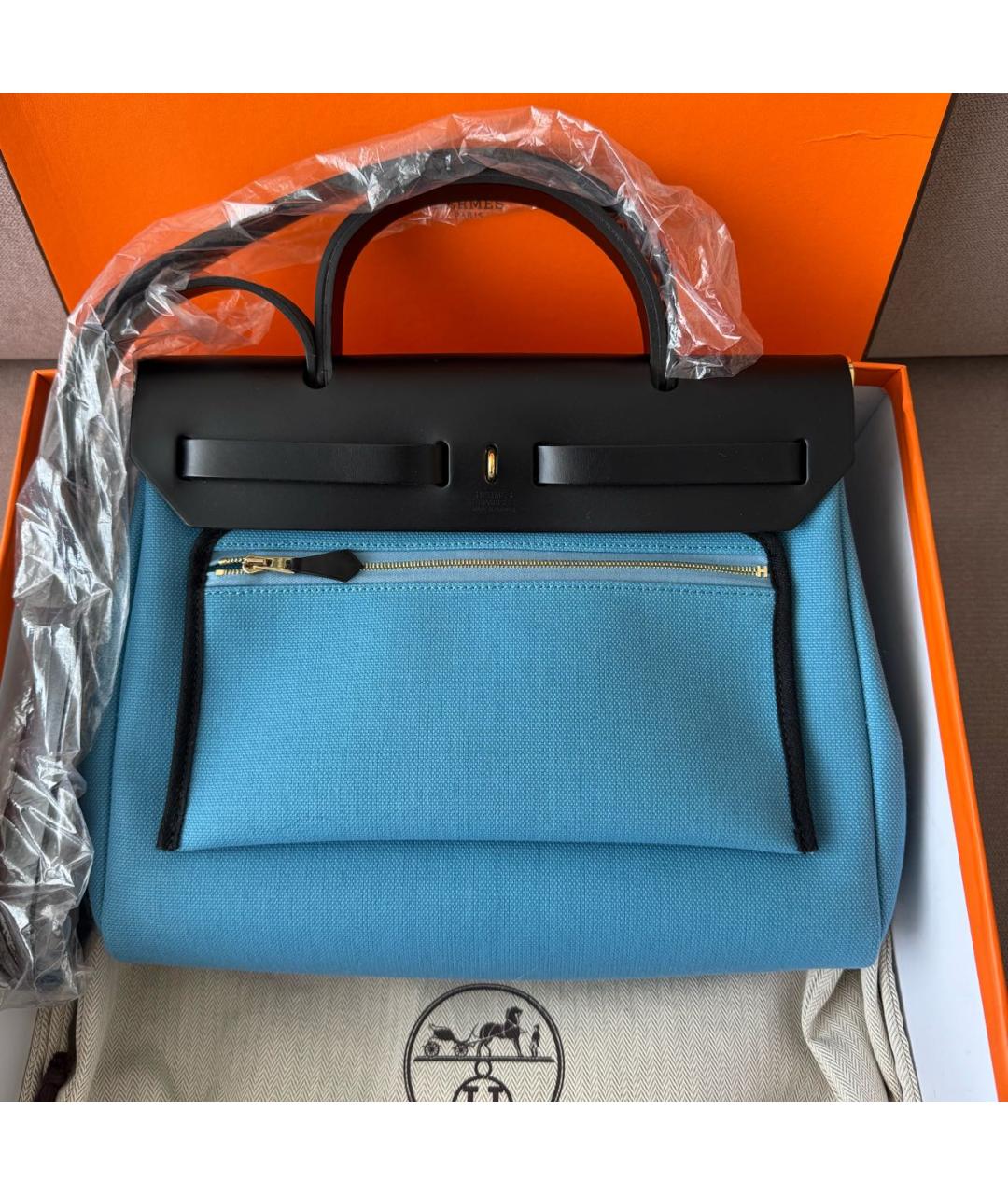 HERMES Голубая тканевая сумка через плечо, фото 3
