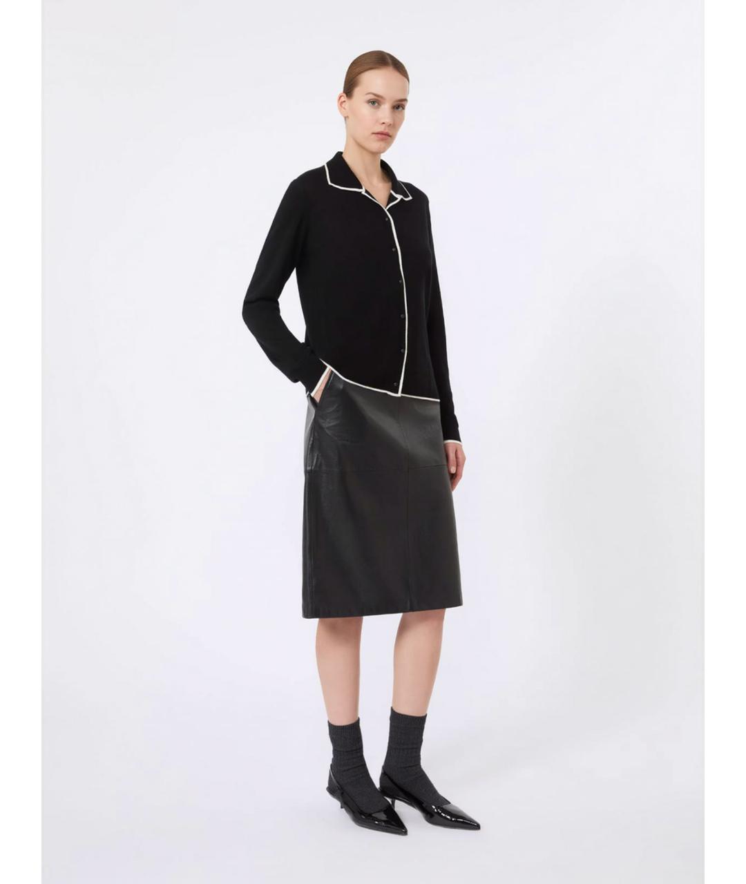 MAX MARA STUDIO Черная кожаная юбка миди, фото 2