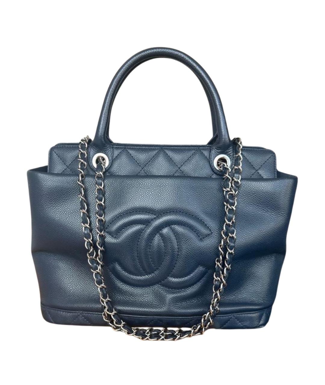 CHANEL Темно-синяя кожаная сумка тоут, фото 1