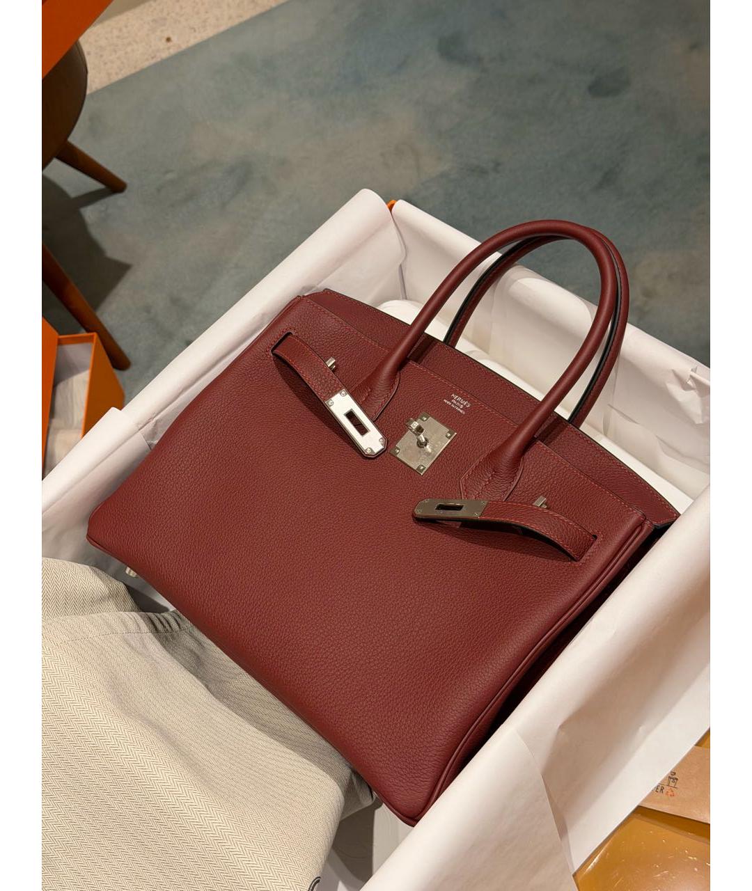 HERMES Бордовая кожаная сумка тоут, фото 8