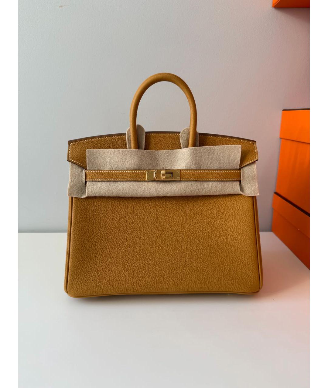 HERMES Горчичная кожаная сумка с короткими ручками, фото 4