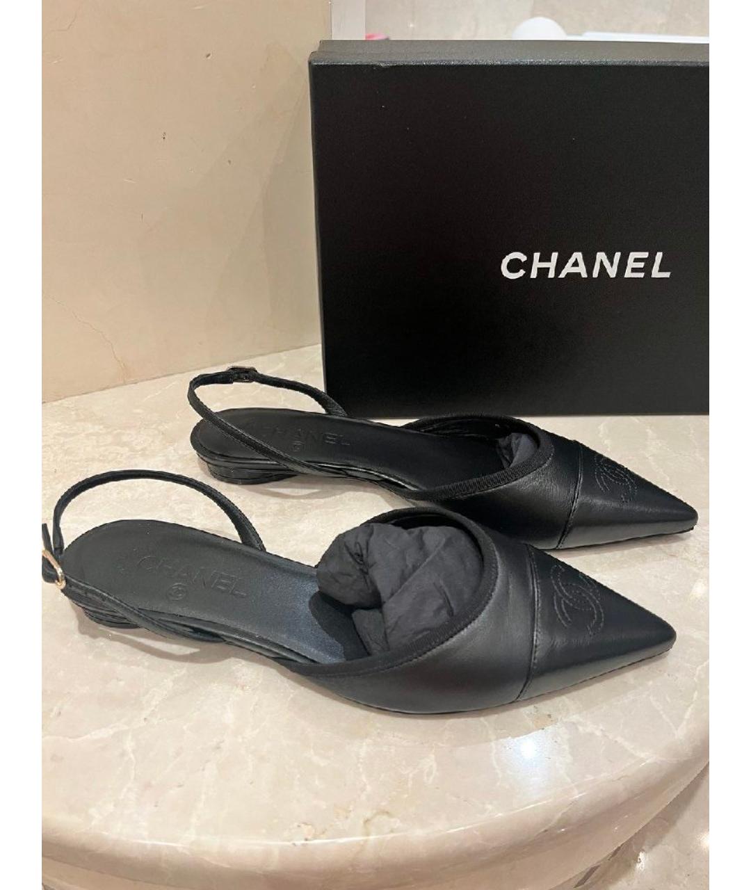 CHANEL Черные кожаные лодочки на низком каблуке, фото 8