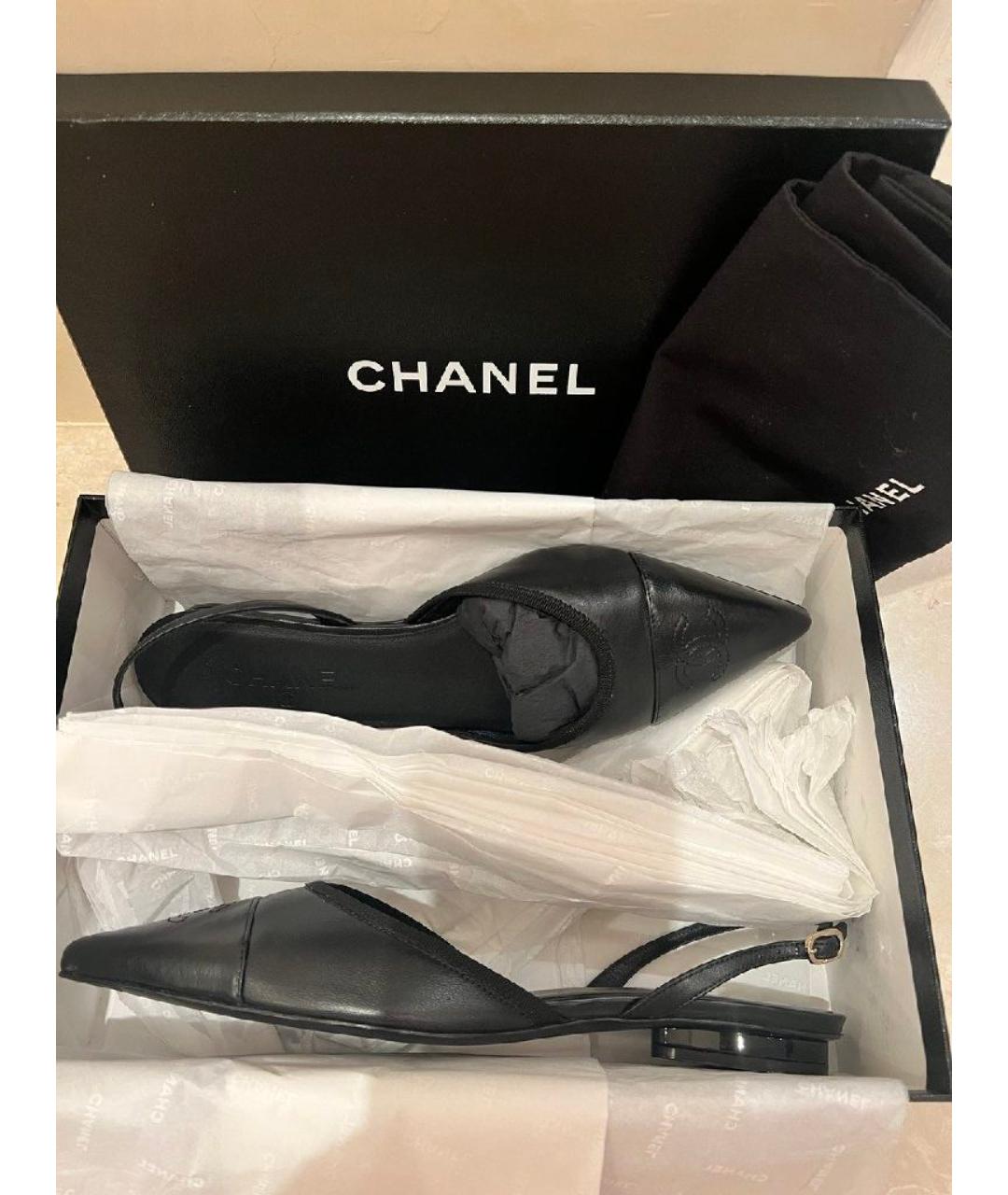 CHANEL Черные кожаные лодочки на низком каблуке, фото 6