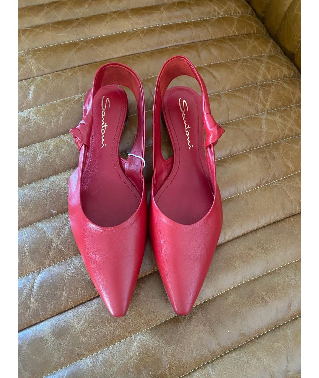 SANTONI Красные кожаные лодочки на низком каблуке, фото 2