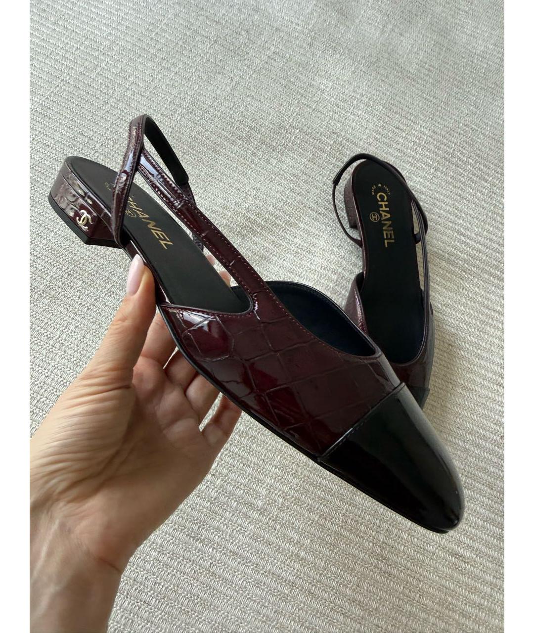 CHANEL Бордовые кожаные лодочки на низком каблуке, фото 3