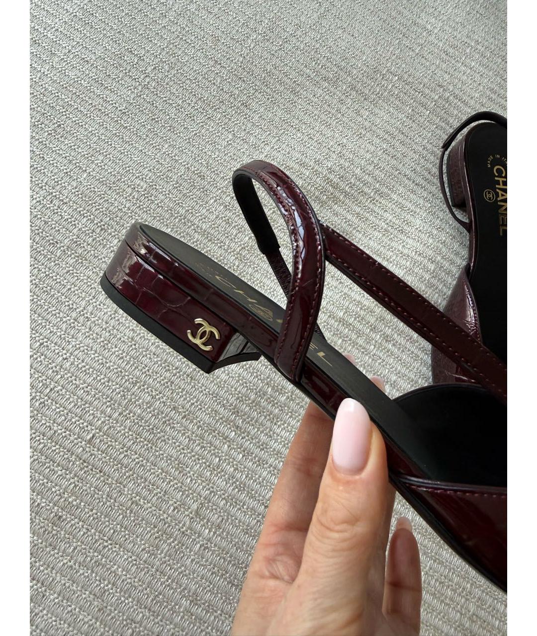 CHANEL Бордовые кожаные лодочки на низком каблуке, фото 4