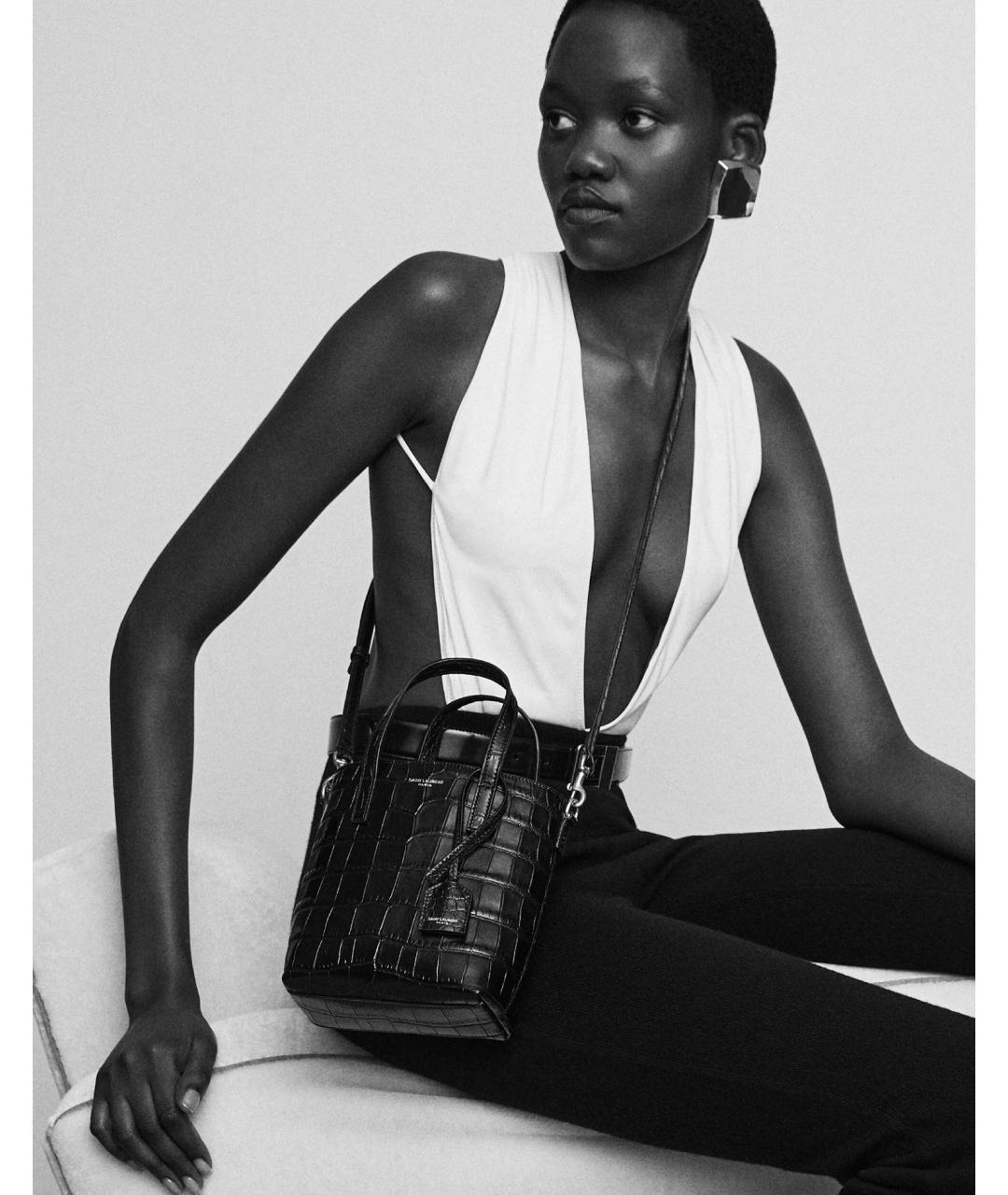 SAINT LAURENT Черная кожаная сумка тоут, фото 2