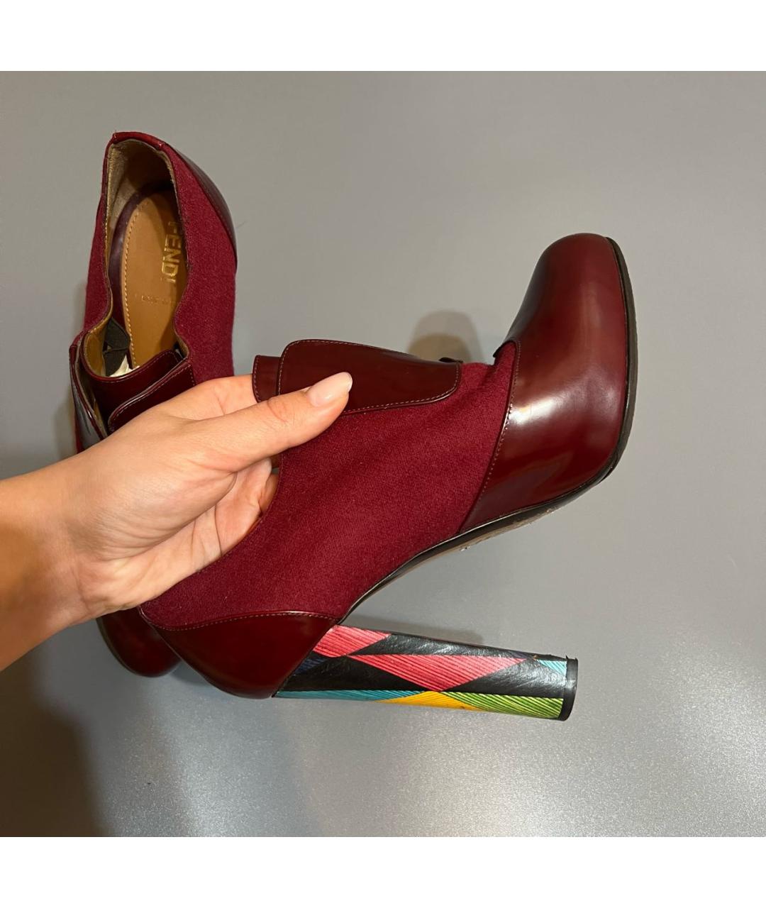 FENDI Бордовые кожаные ботильоны, фото 4