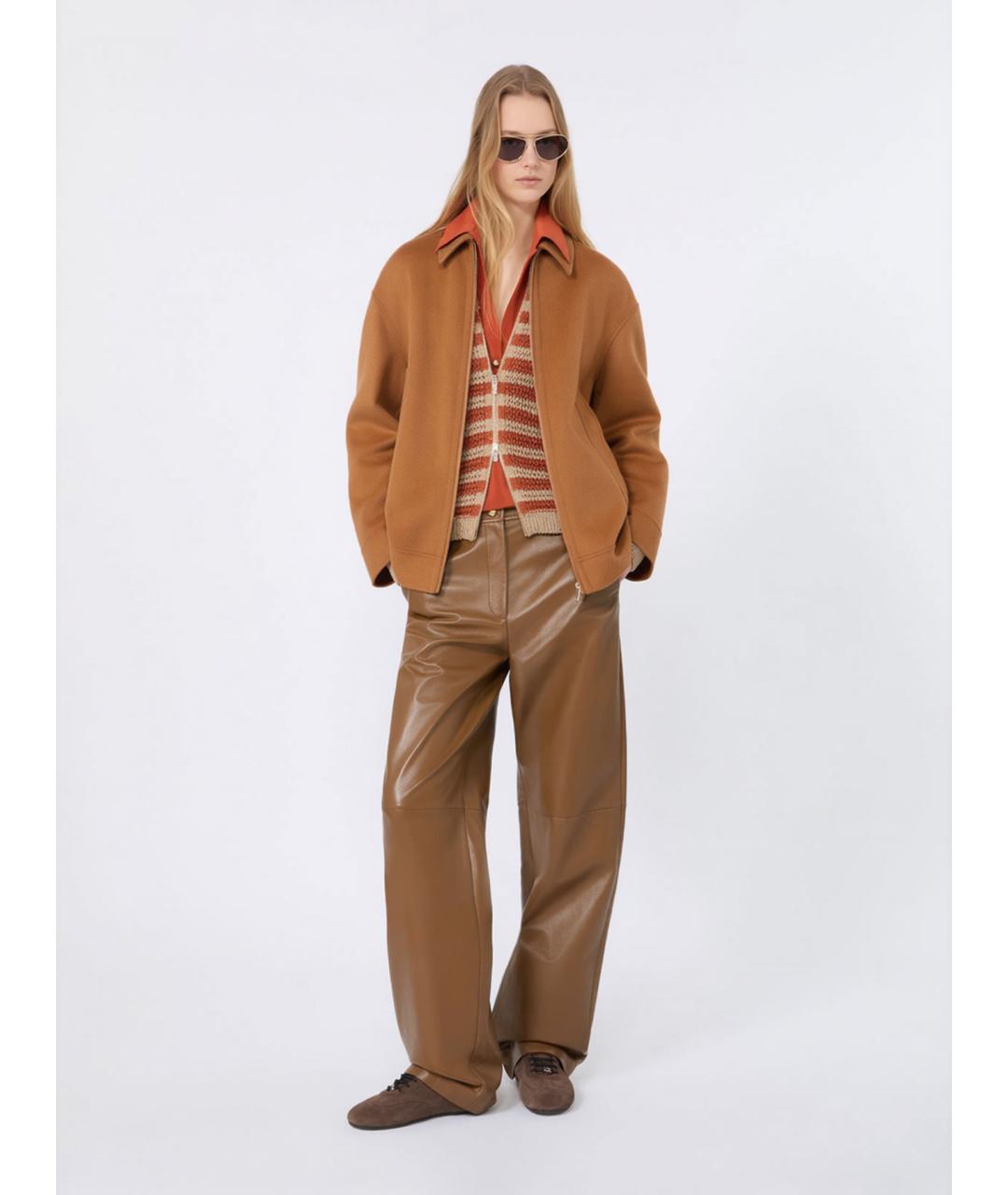 MAX MARA STUDIO Бежевые кожаные прямые брюки, фото 2