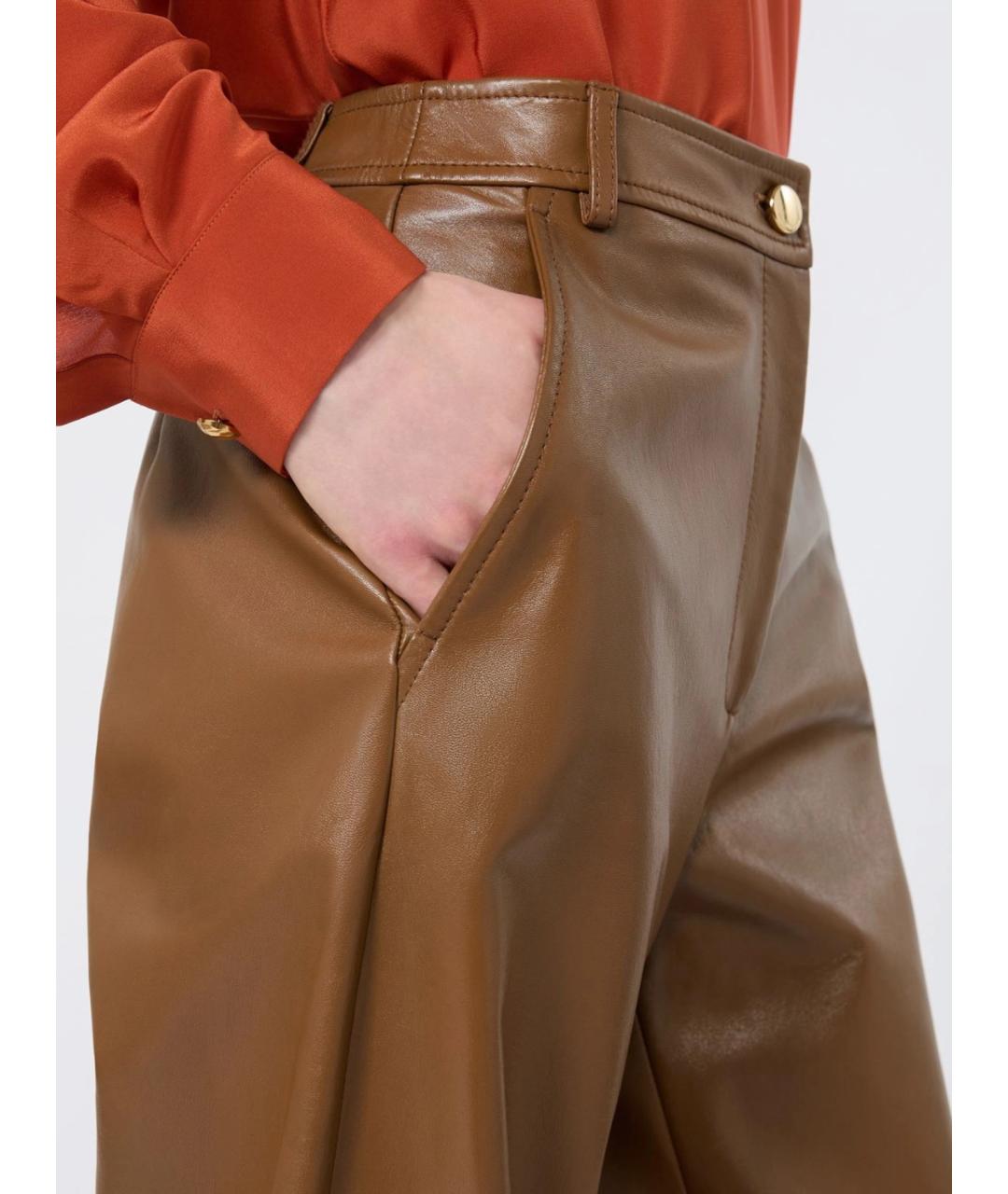 MAX MARA STUDIO Бежевые кожаные прямые брюки, фото 5