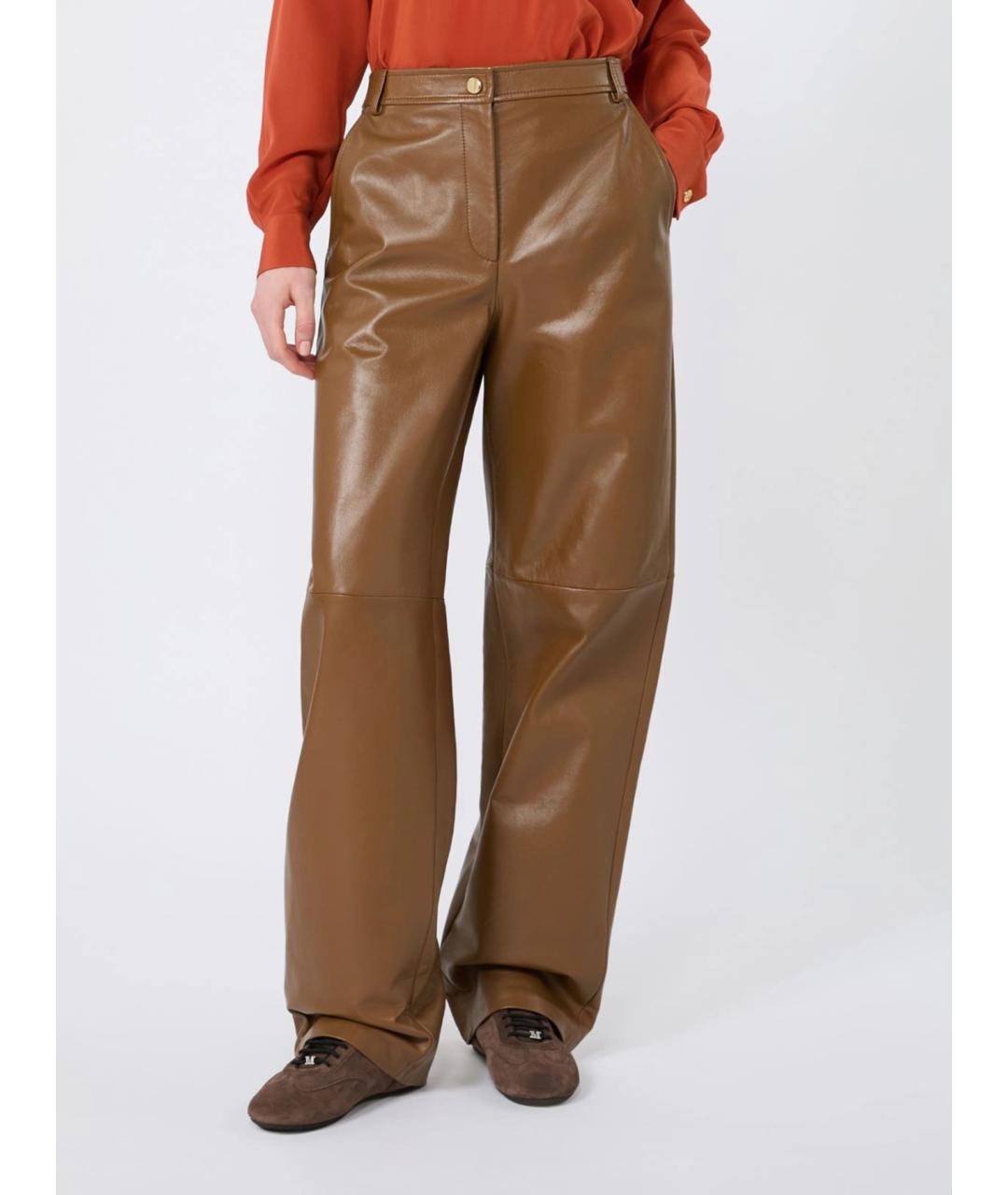 MAX MARA STUDIO Бежевые кожаные прямые брюки, фото 3