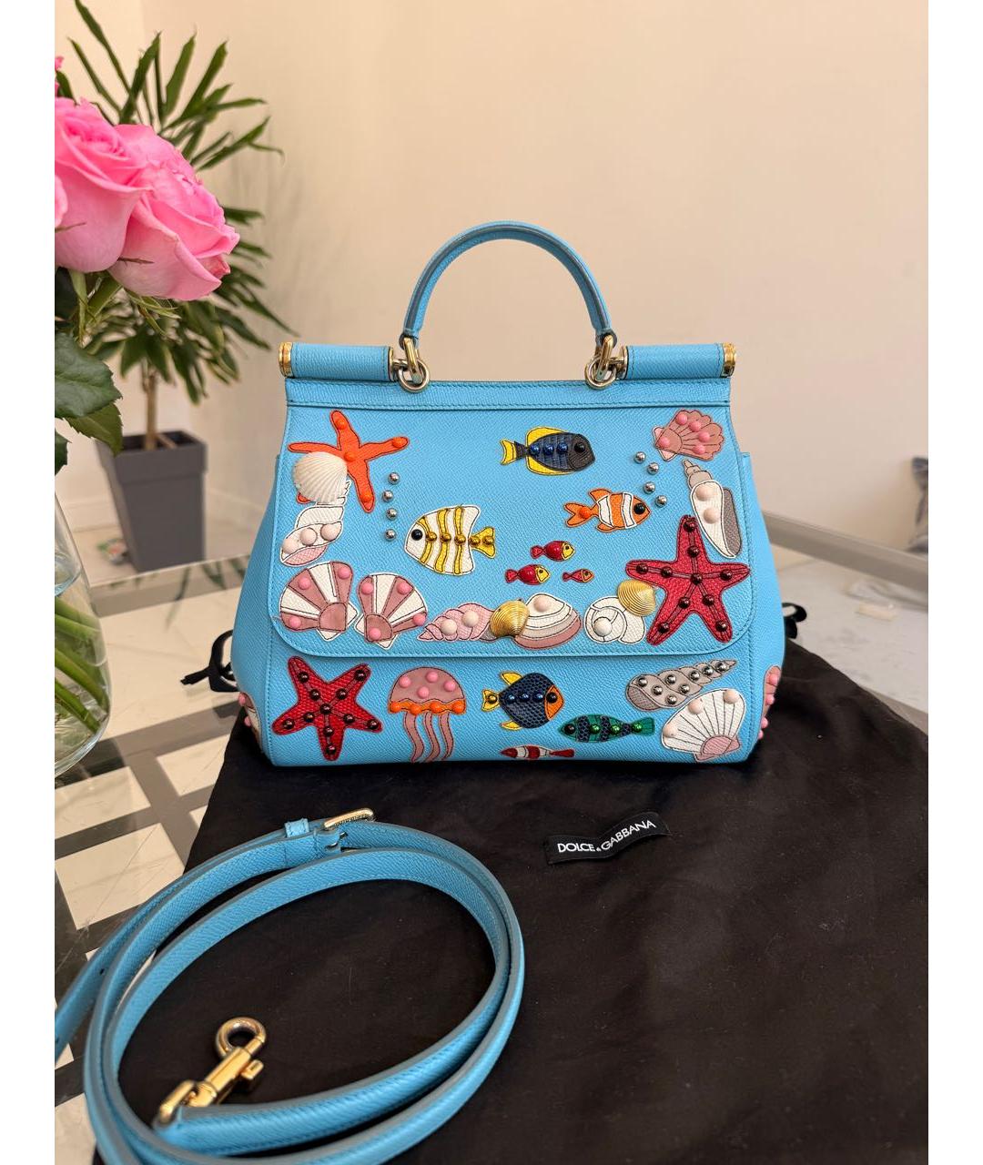 DOLCE&GABBANA Голубая кожаная сумка с короткими ручками, фото 4