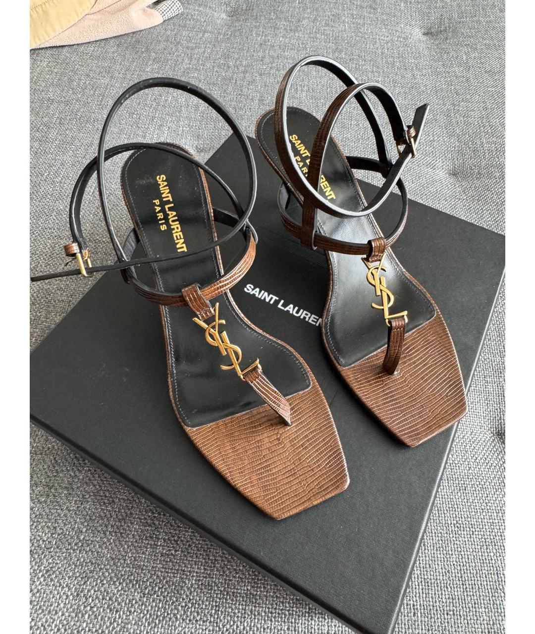 SAINT LAURENT Коричневые кожаные босоножки, фото 2