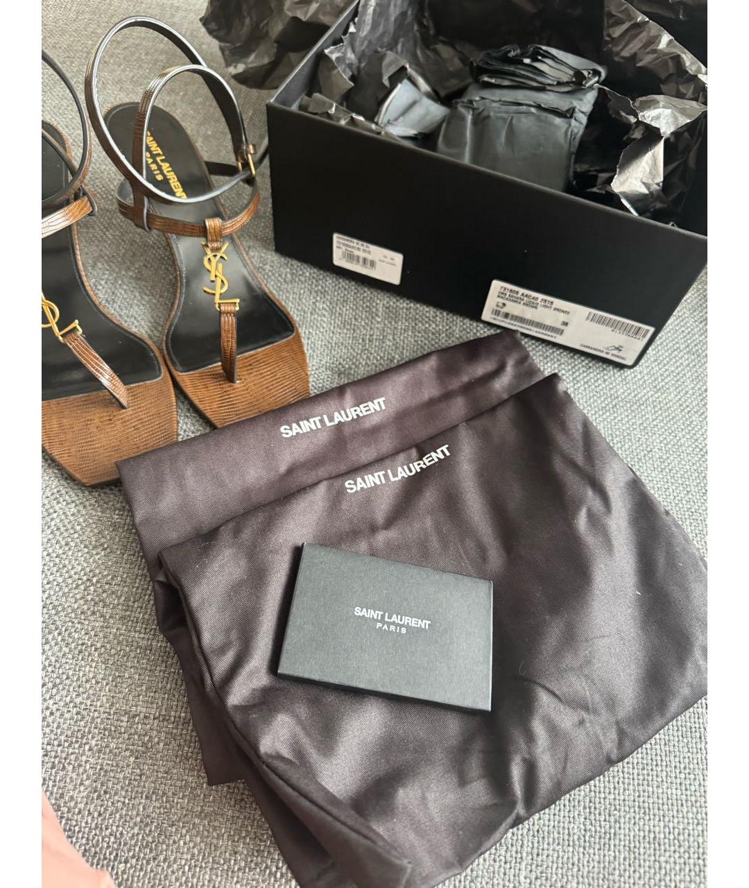 SAINT LAURENT Коричневые кожаные босоножки, фото 4