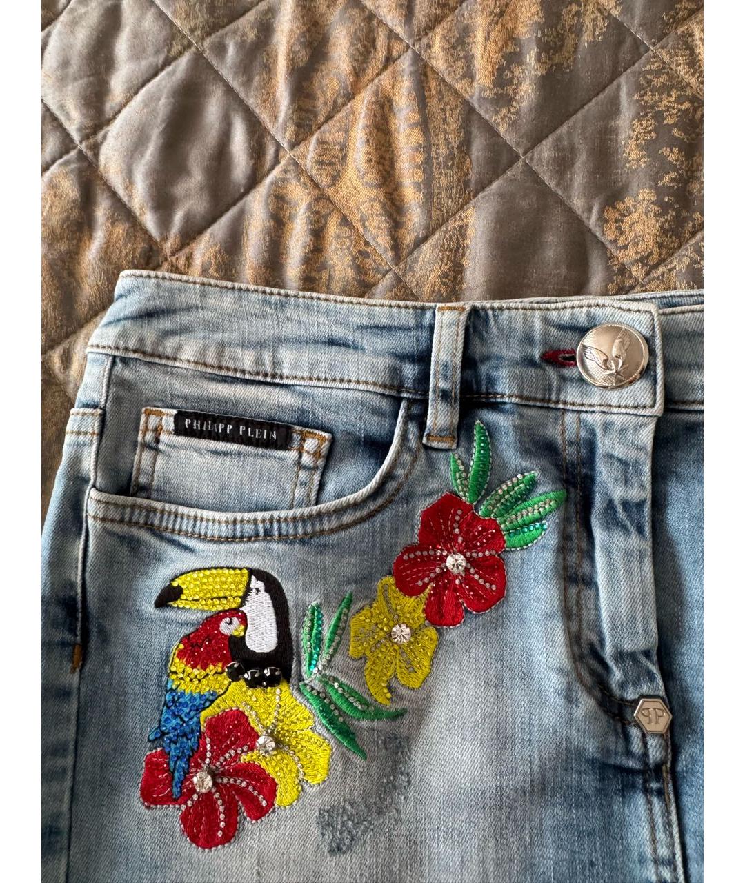 PHILIPP PLEIN Голубая хлопко-эластановая юбка мини, фото 4