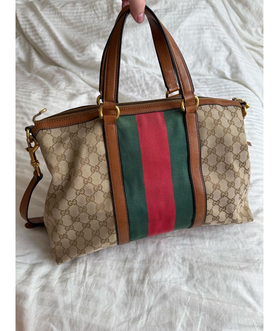 GUCCI Коричневая тканевая сумка с короткими ручками, фото 2