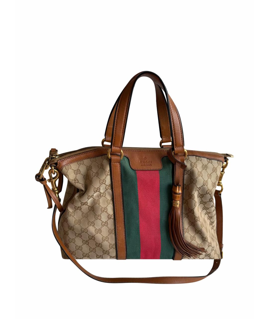 GUCCI Коричневая тканевая сумка с короткими ручками, фото 1