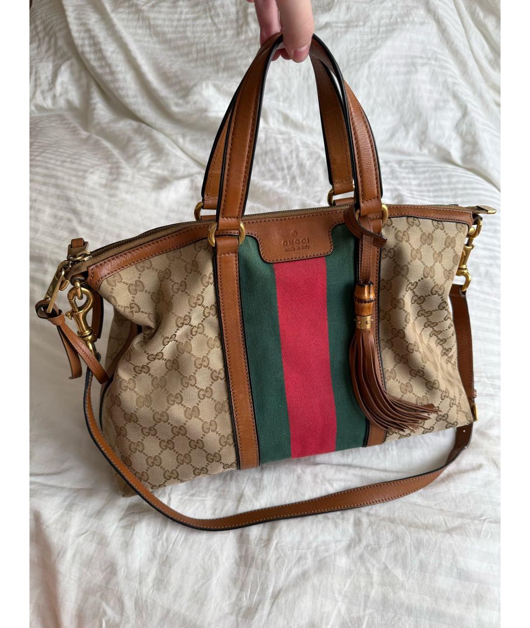GUCCI Коричневая тканевая сумка с короткими ручками, фото 9