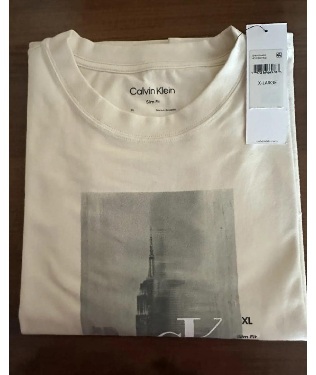 CALVIN KLEIN Бежевая хлопко-эластановая футболка, фото 3