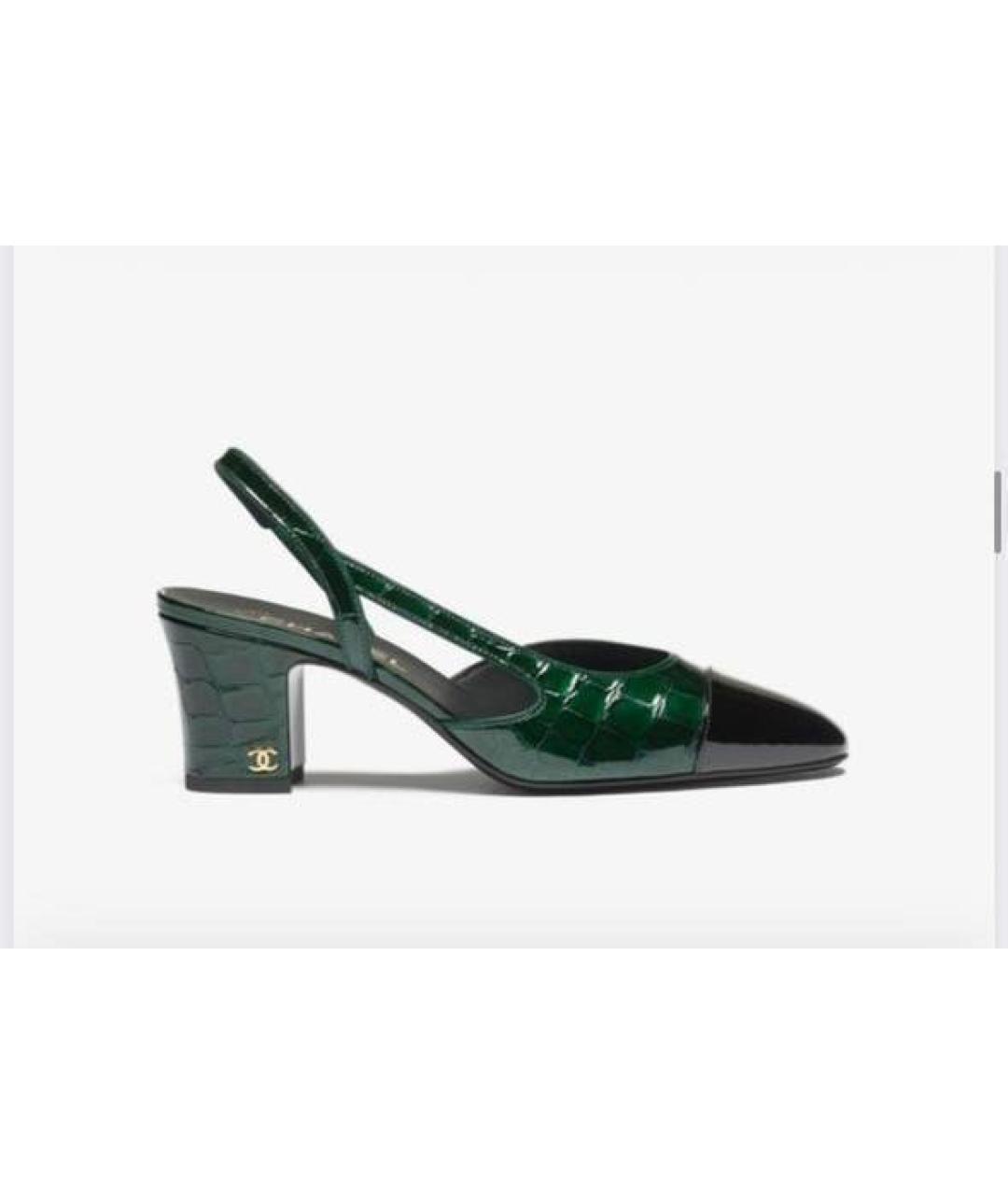 CHANEL Зеленые лодочки на низком каблуке из лакированной кожи, фото 3