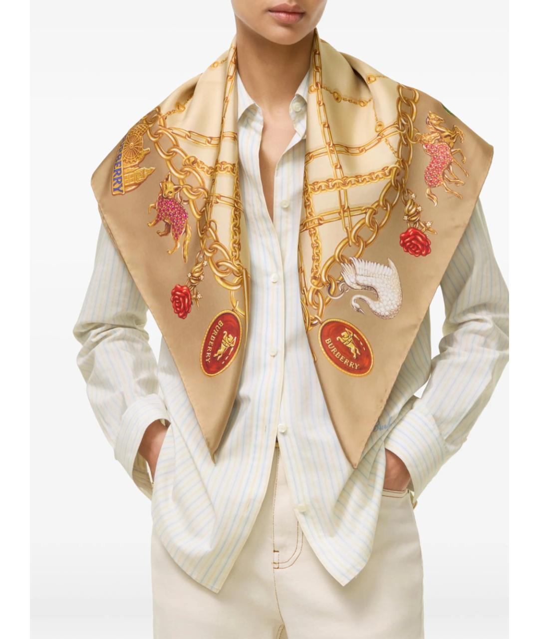 BURBERRY Бежевый шелковый платок, фото 2
