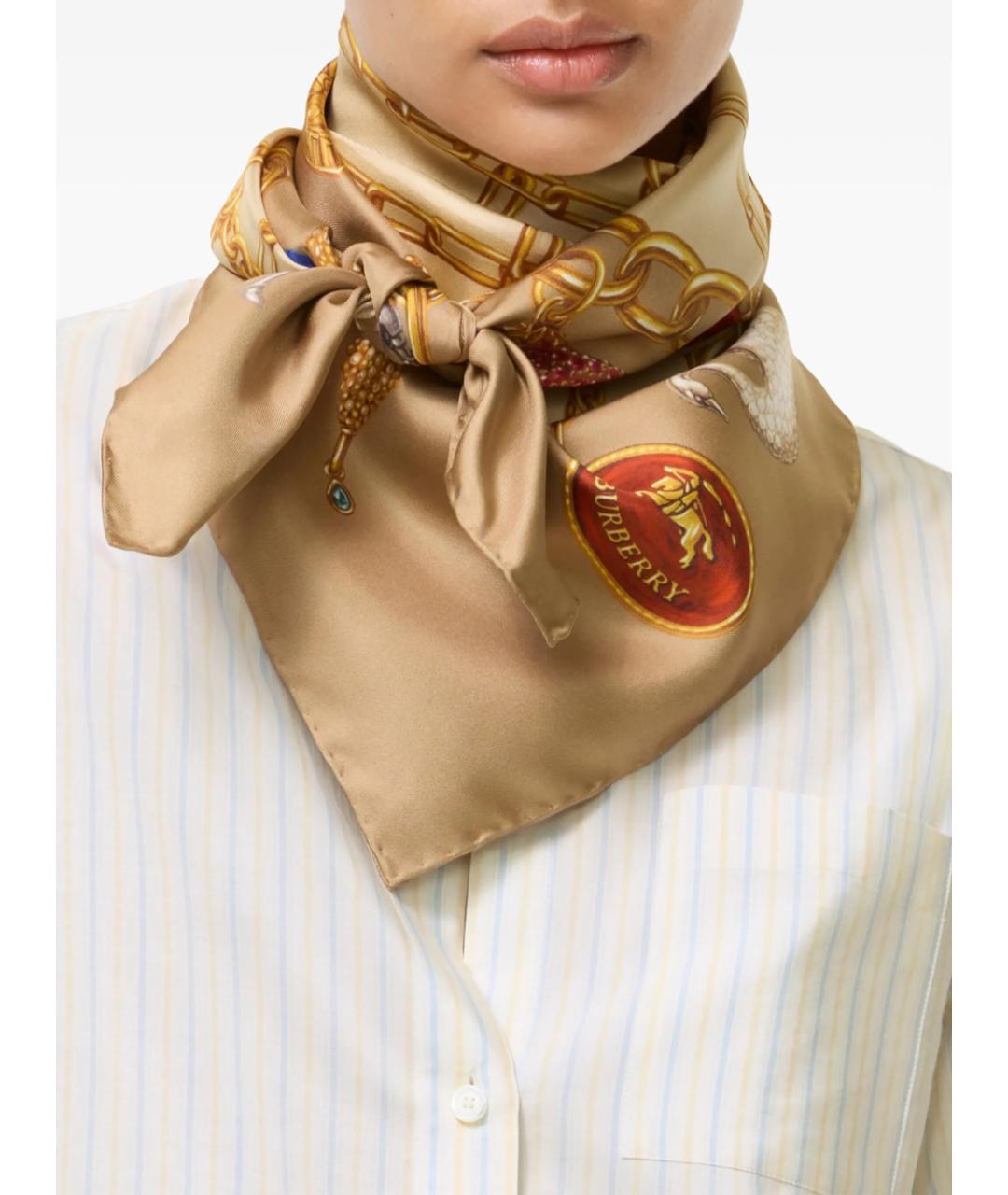 BURBERRY Бежевый шелковый платок, фото 4