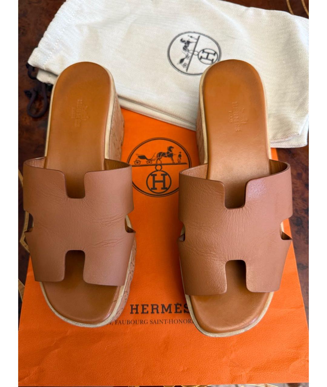 HERMES Коричневые кожаные сабо, фото 5