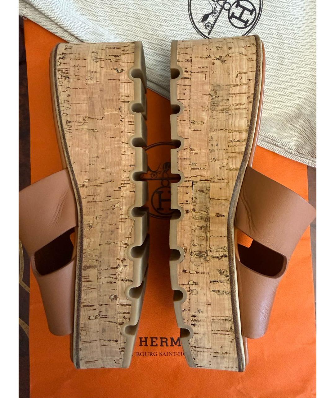 HERMES Коричневые кожаные сабо, фото 7