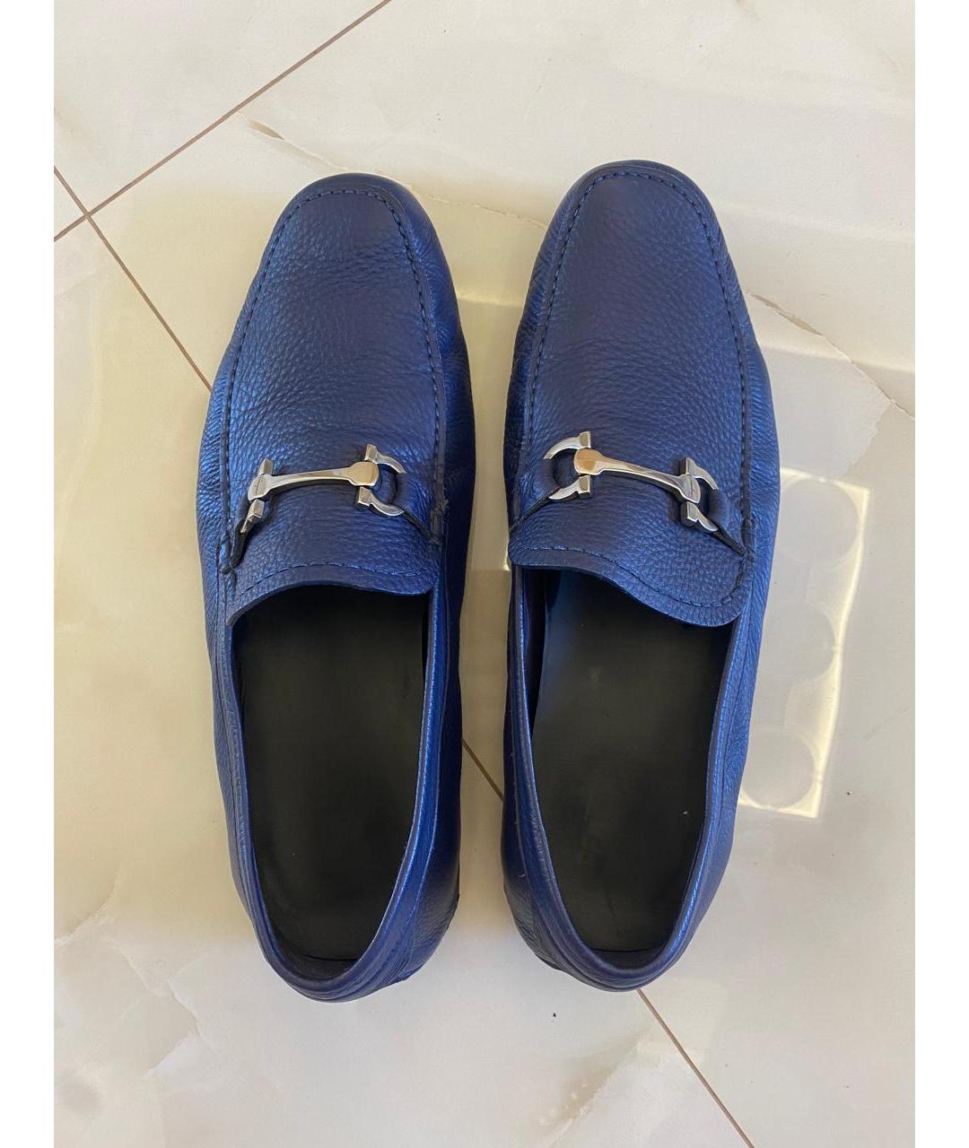 FERRAGAMO Синие кожаные мокасины, фото 5
