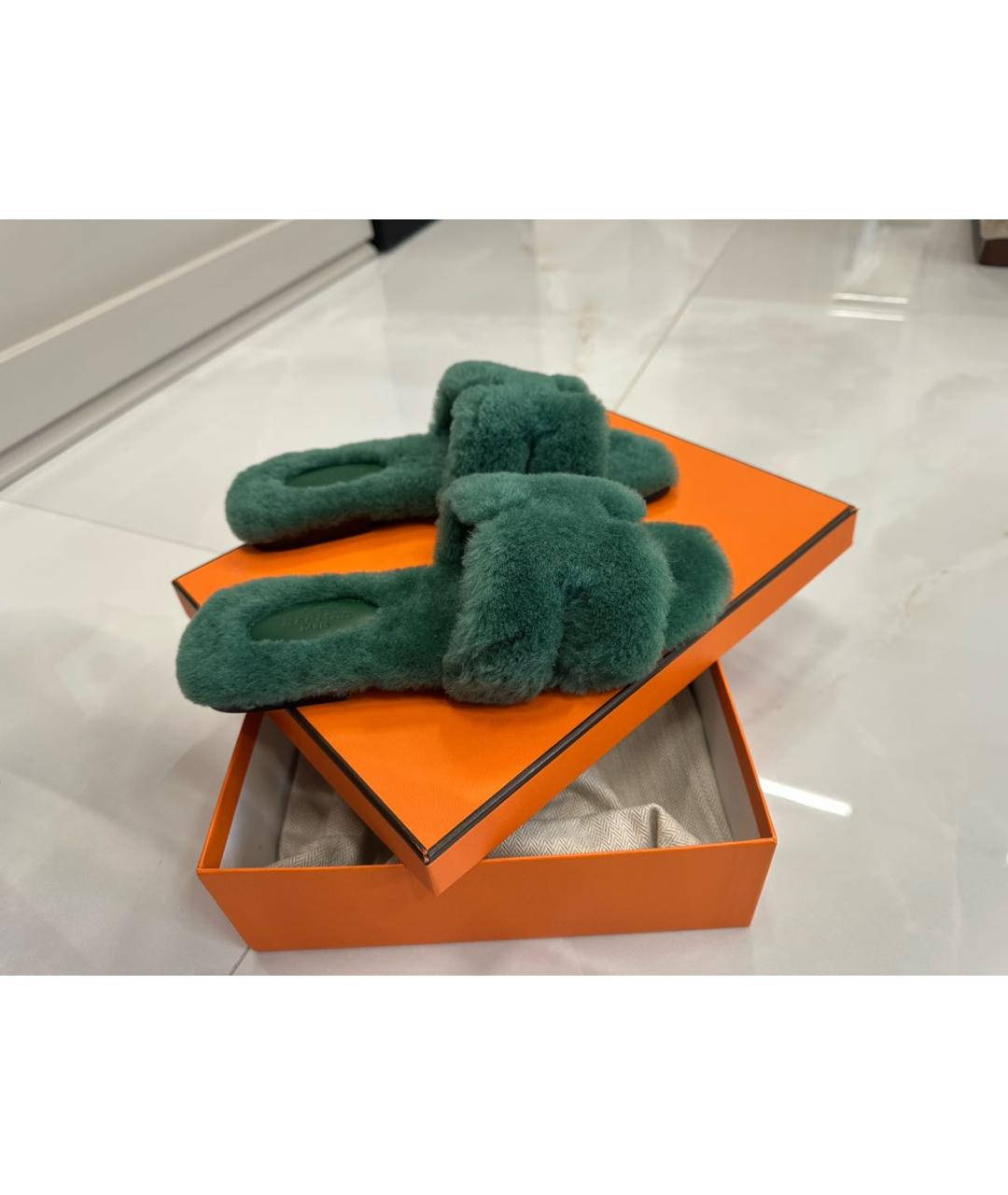 HERMES Зеленые шлепанцы, фото 8