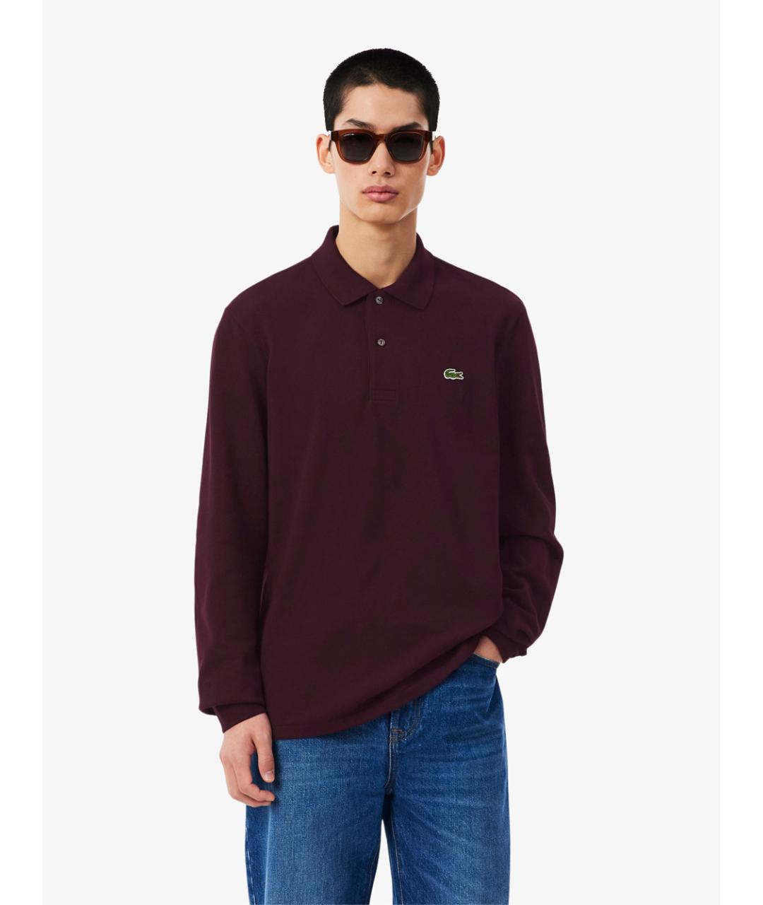 LACOSTE Бордовое хлопковое поло с длинным рукавом, фото 2