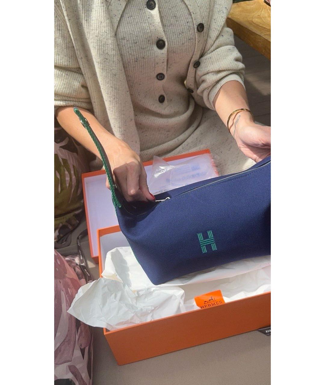HERMES Темно-синяя тканевая сумка с короткими ручками, фото 4