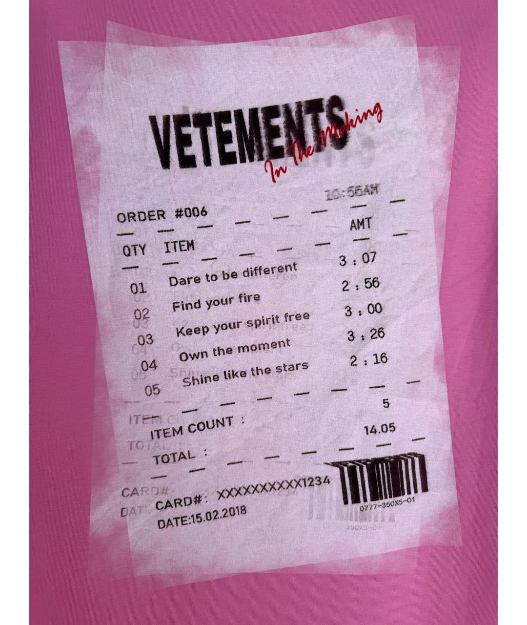 VETEMENTS Розовая хлопковая футболка, фото 4