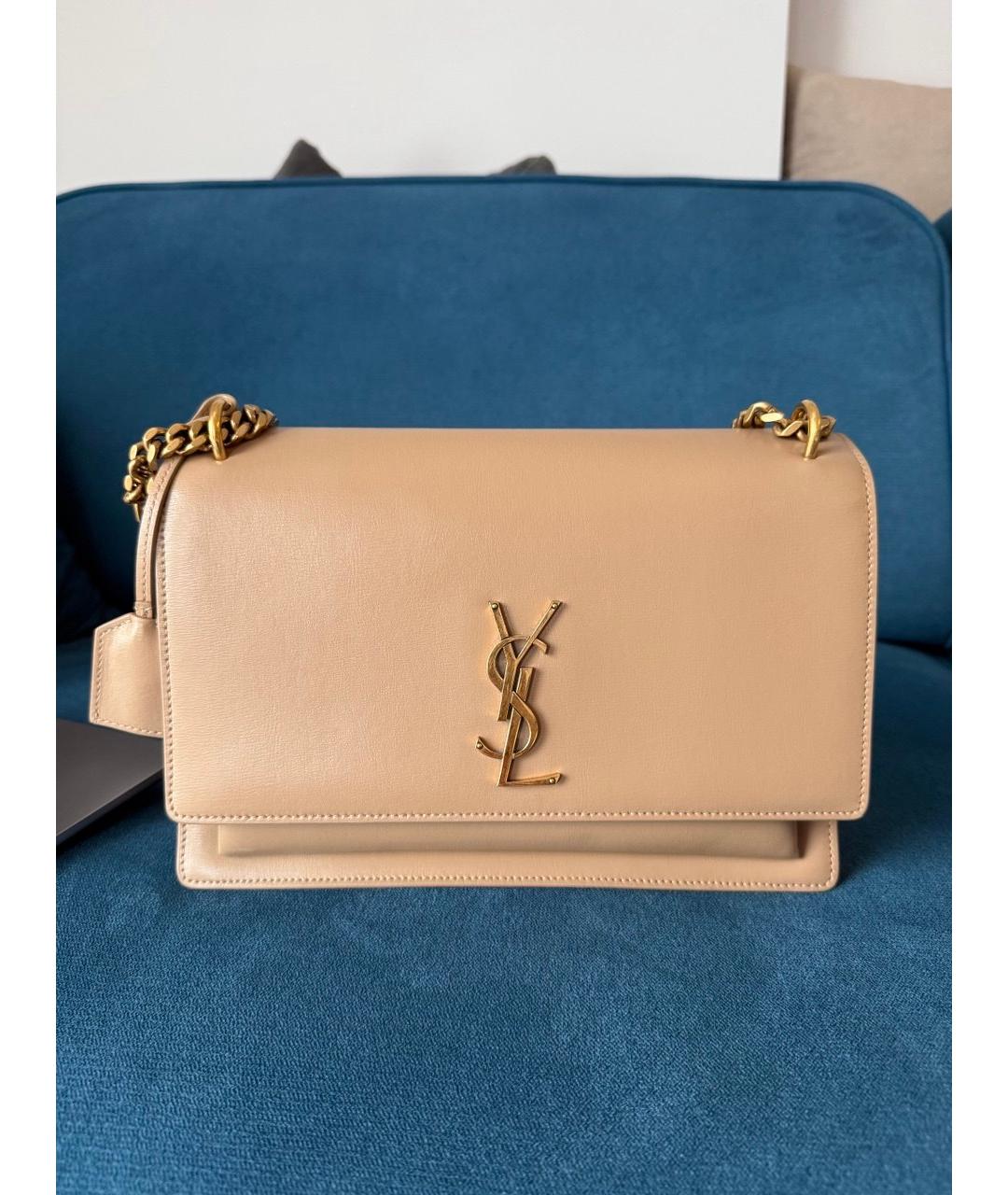 SAINT LAURENT Бежевая кожаная сумка через плечо, фото 4
