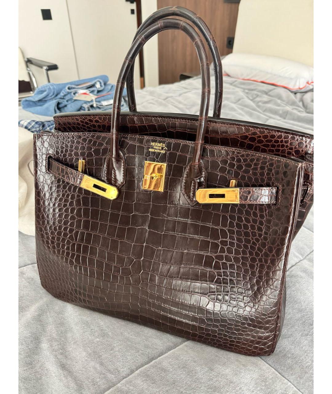 HERMES Коричневая сумка с короткими ручками из экзотической кожи, фото 9