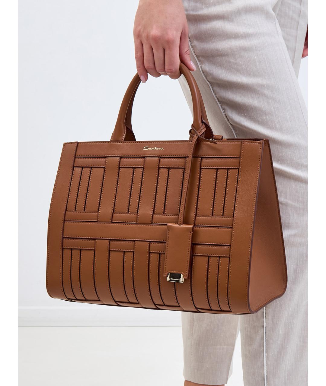 SANTONI Коричневая кожаная сумка тоут, фото 2