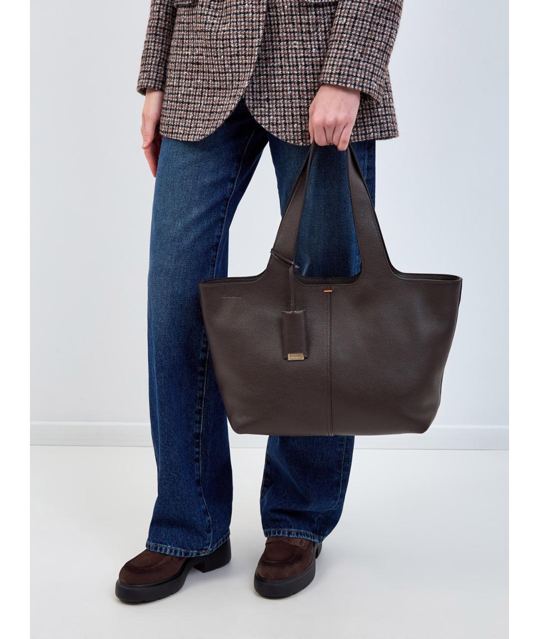 SANTONI Коричневая кожаная сумка тоут, фото 2