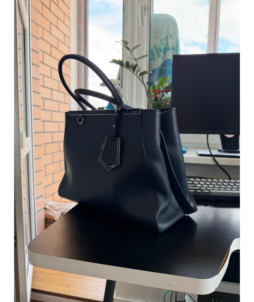 FENDI Темно-синяя кожаная сумка тоут, фото 2