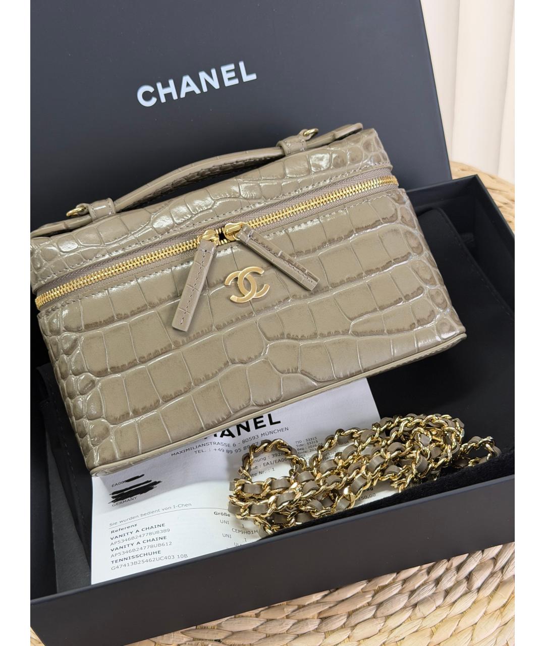 CHANEL Хаки кожаная сумка с короткими ручками, фото 4
