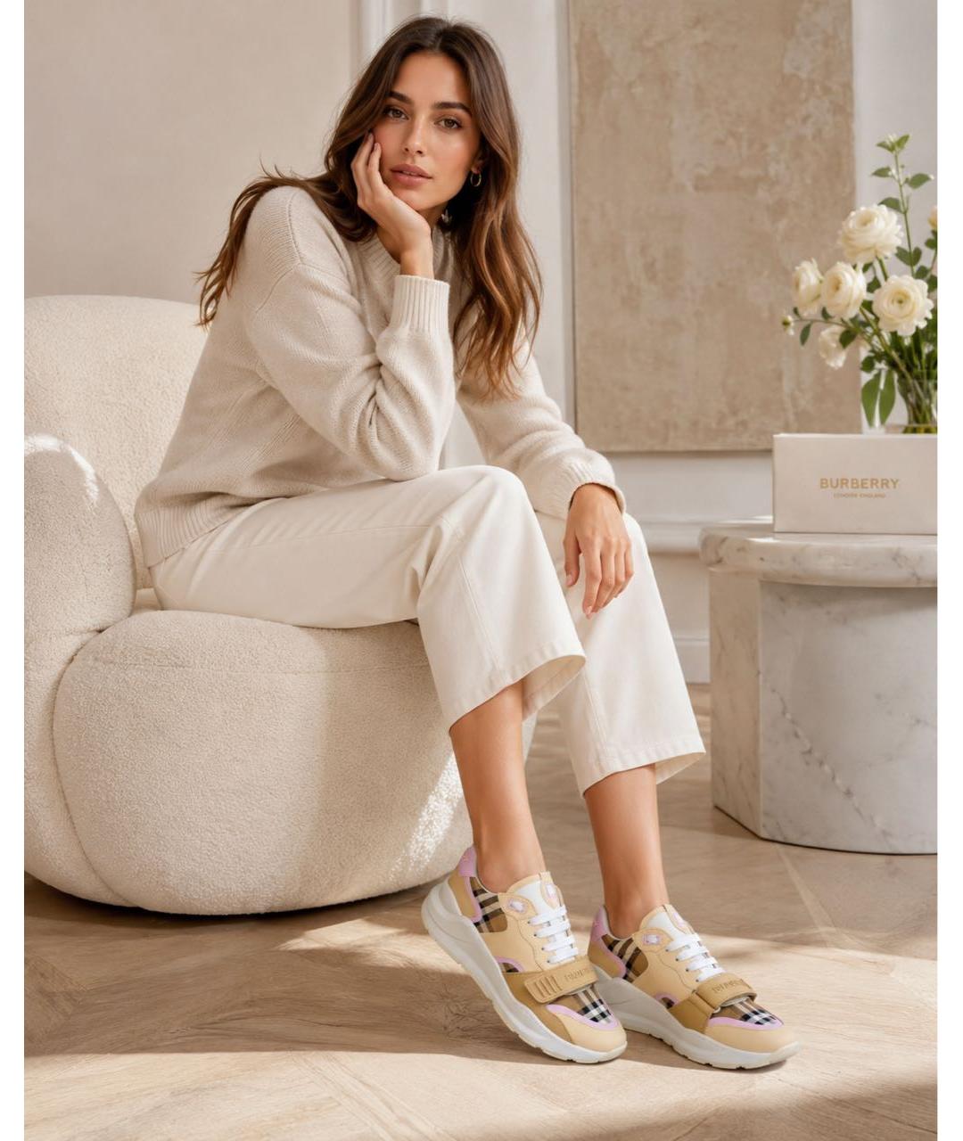 BURBERRY Бежевые кожаные кроссовки, фото 8
