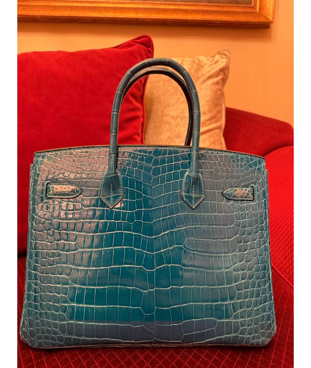 HERMES Бирюзовая сумка с короткими ручками из экзотической кожи, фото 5