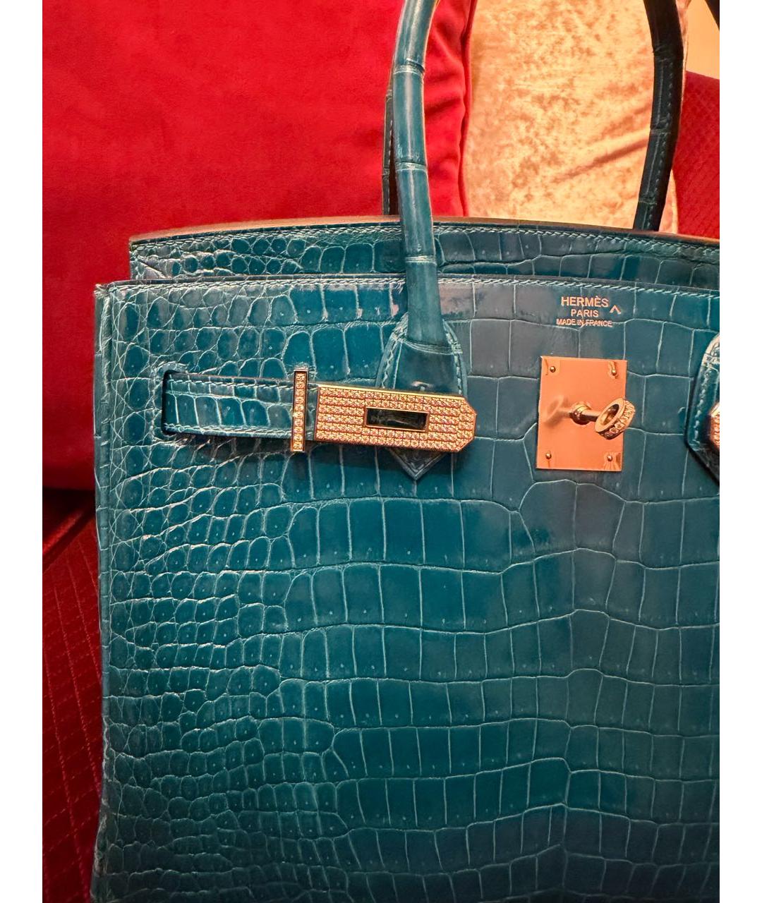 HERMES Бирюзовая сумка с короткими ручками из экзотической кожи, фото 8