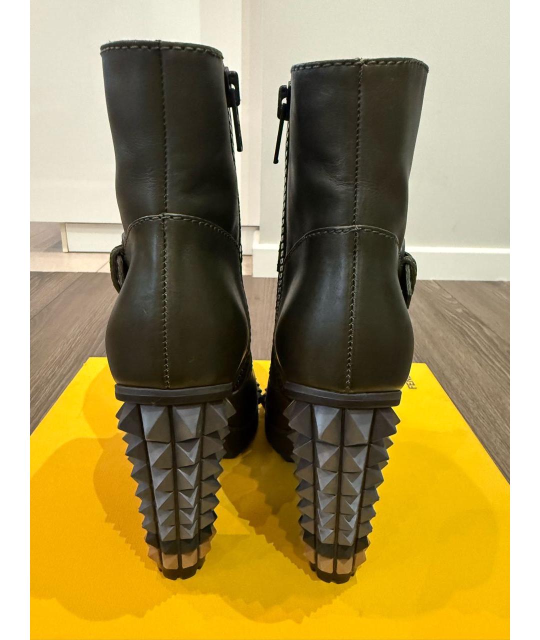 FENDI Хаки кожаные ботильоны, фото 4