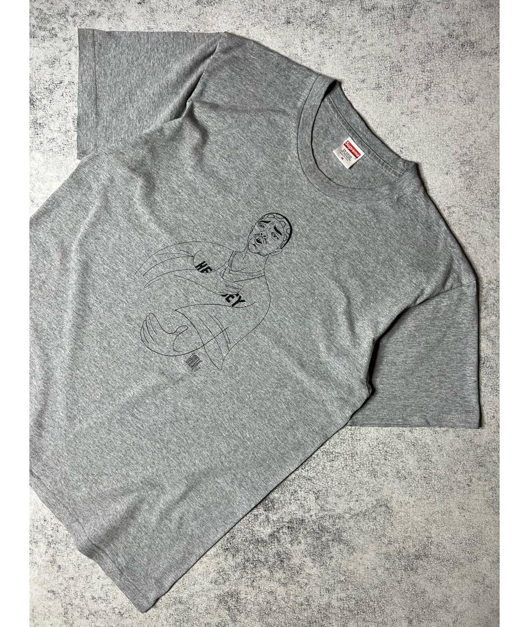 SUPREME Серая хлопковая футболка, фото 2