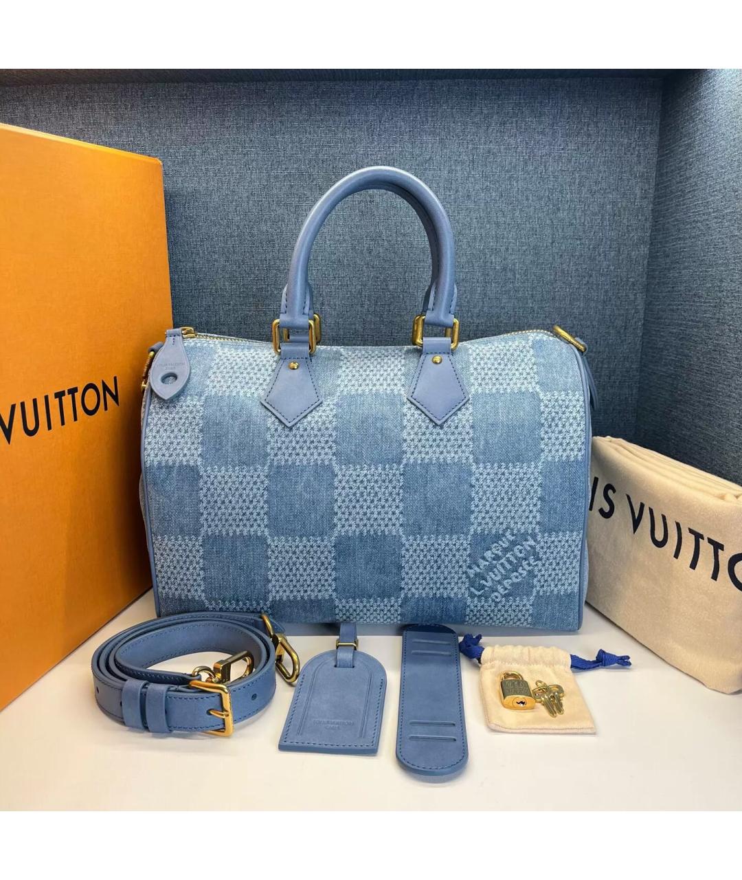 LOUIS VUITTON Голубая жаккардовая сумка с короткими ручками, фото 8