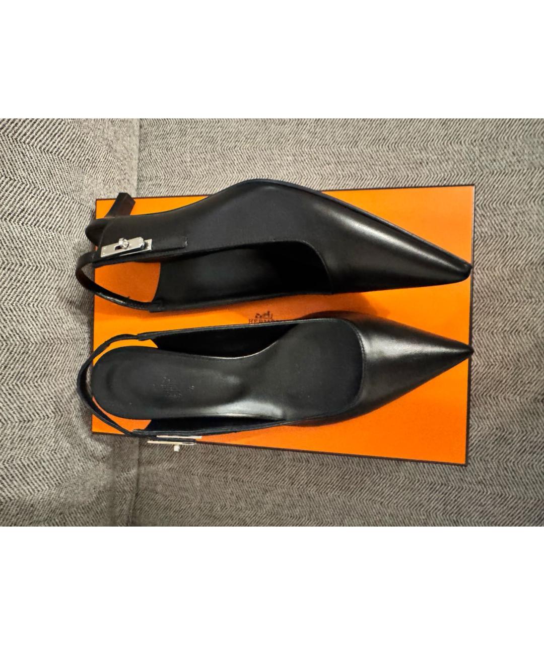 HERMES Черные кожаные лодочки на низком каблуке, фото 2